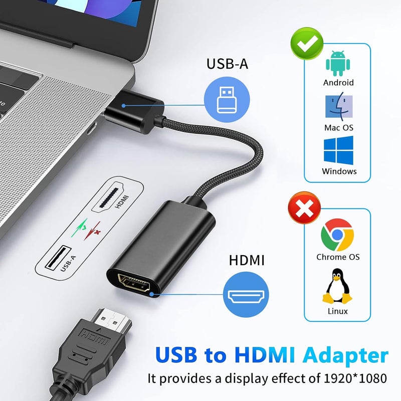 DERSUR USB to HD Adapter, USB 3.0 to HD Monitor Connector Male to Female Multi-Display 1080P Output Cable Converter for Laptop Desktop PC TV, Compatible Windows11/10/8.1/8.7/MacOS Black - Image 2